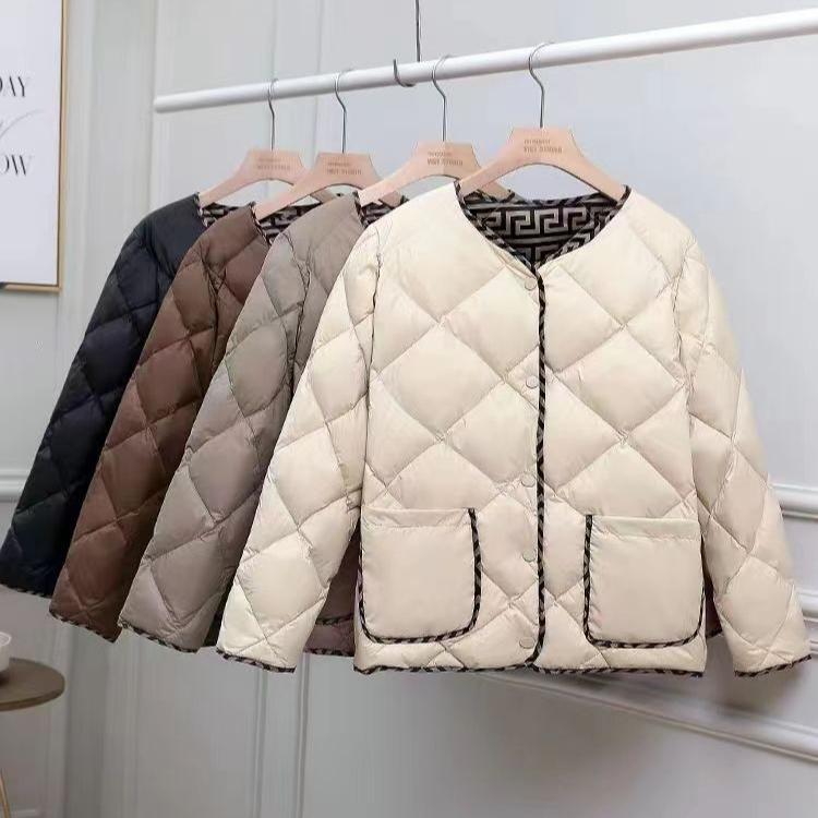 Kurze Baumwolljacke für Damen, Retro Rundhalsausschnitt, Herbst und Winter, Klassisches Karomuster