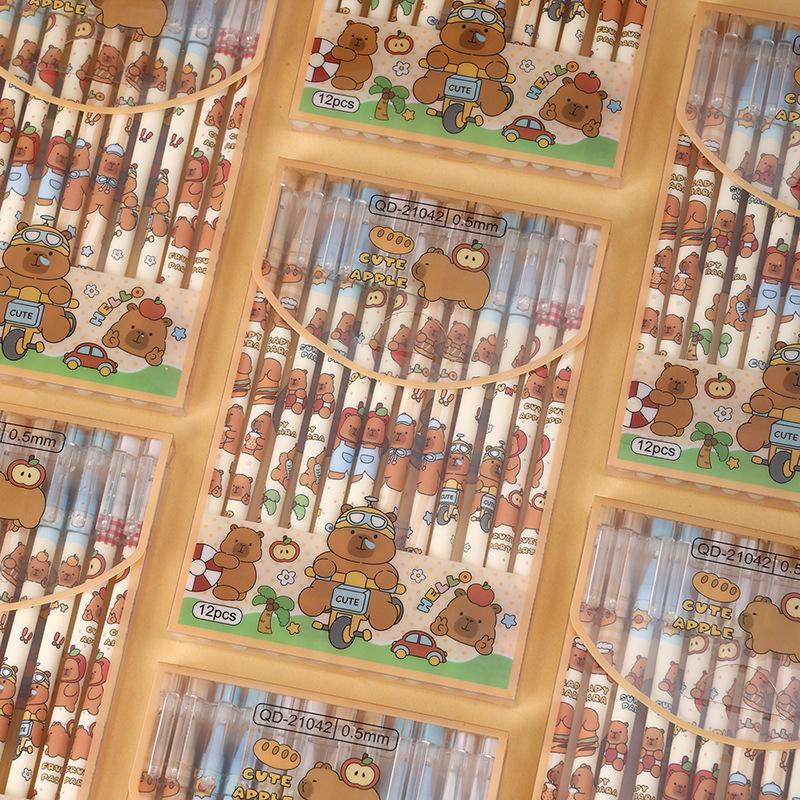 12Pcs Cute Cartoon Capybara Erasable Neutral Pen Cartoon Cute Writing Pen Student Stationery Gifts