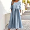 Frühlings- und Sommerkleid mit Rundhalsausschnitt, lässig, locker, einfarbig