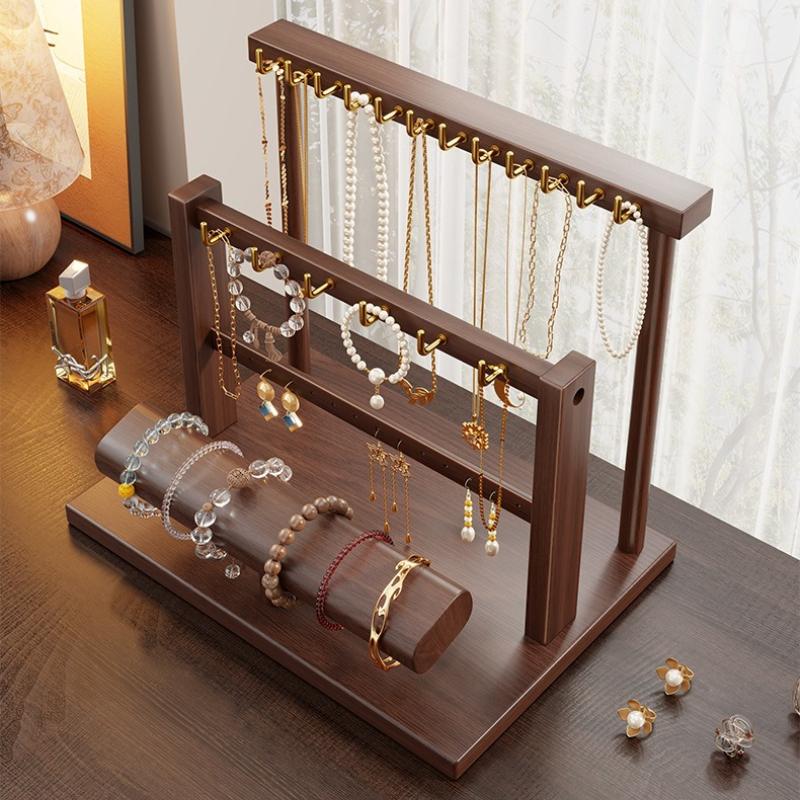 Solid Wood Jewelry Rack Counter Desktop Jewelry Display Stand Retro Walnut Color Bracelet Necklace Organizer Display Holder