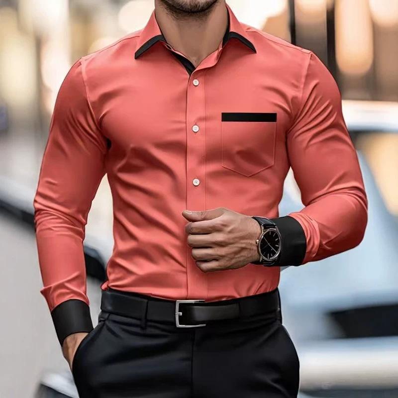 Men's Contrast Collar & Cuff Slim Fit Dress Shirt Long Sleeve Button Up Shirts Business Formal Casual Male Office Work Wear Blouse