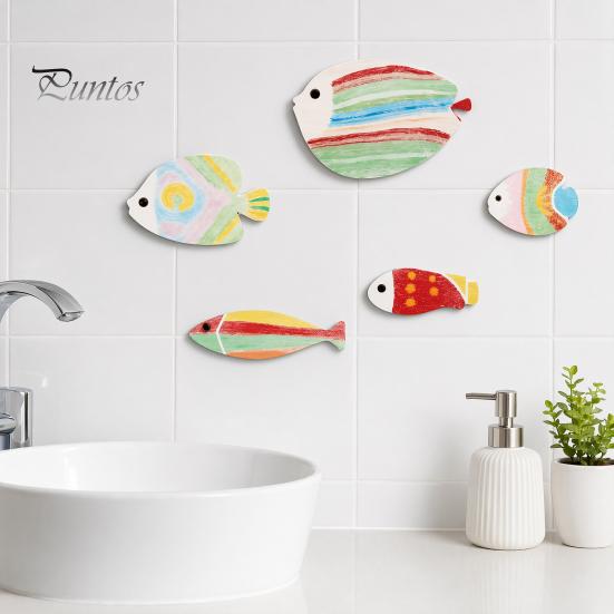 Ocean Theme Wall Art 5Pcs Wooden Fish Decor, Rainbow Striped Tropical Ornaments with 3D Kids Room Decoration Embossed Texture, Lightweight Coastal