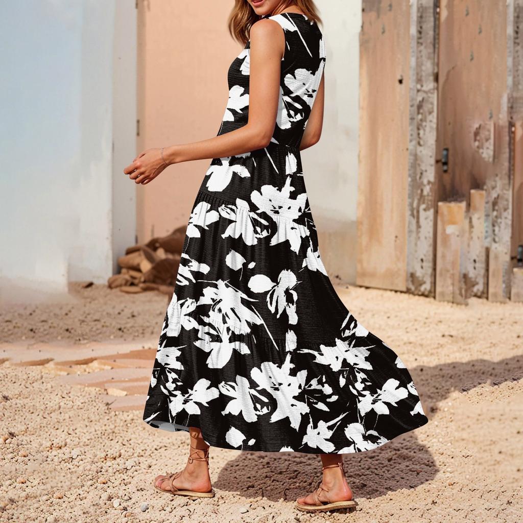 Women's Casual And Fashionable V-neck  Sleeveless Printing Mid Length Dress