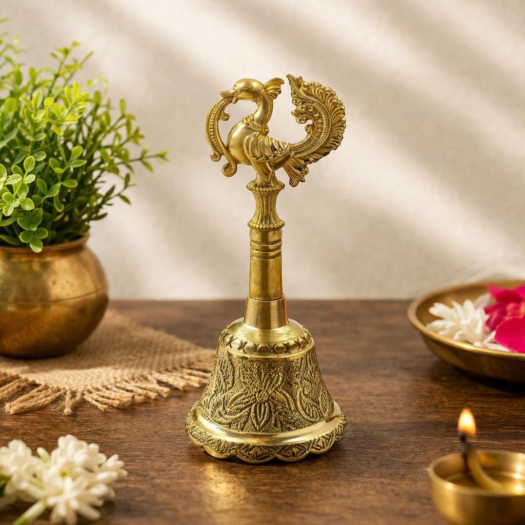 Brass Hand Bell for Pooja Ghanti for Mandir, Peacock Design Hand Bell Ghanti, Pooja Decoration Items, (11.5 CM Height, Golden)