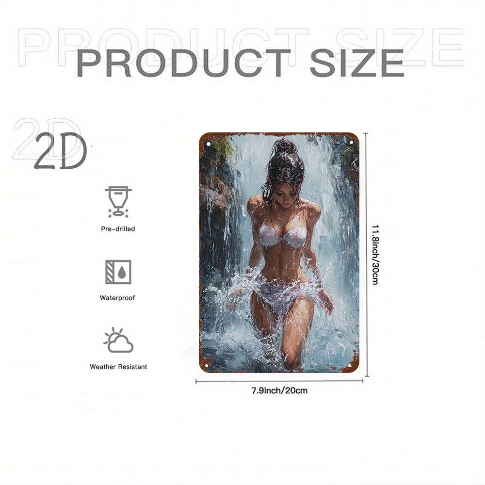 

Vintage Artistic Asian Woman Metal Tin Sign Retro Painterly Girl with Wet High Bun in White Bikini Posing in Waterfall Stream 20x30cm（7.8x11.8inch）