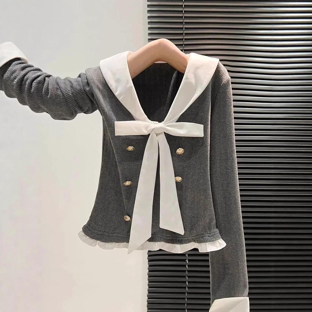 Zweiteiliges College-Stil Faux Longsleeve Oberteil mit Schleife für Damen – Slim Fit, Herbstmode Oberbekleidung