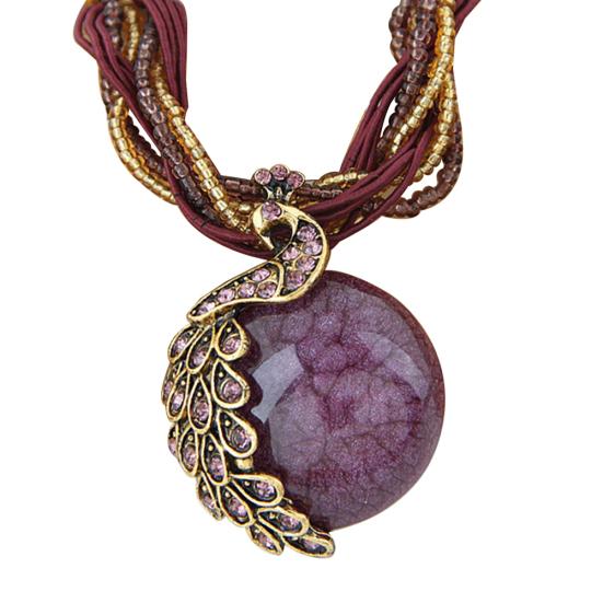 

Богемный женский горный хрусталь, инкрустированный павлином, круглый кулон из искусственного опала, ожерелье, подарок темно-фиолетового