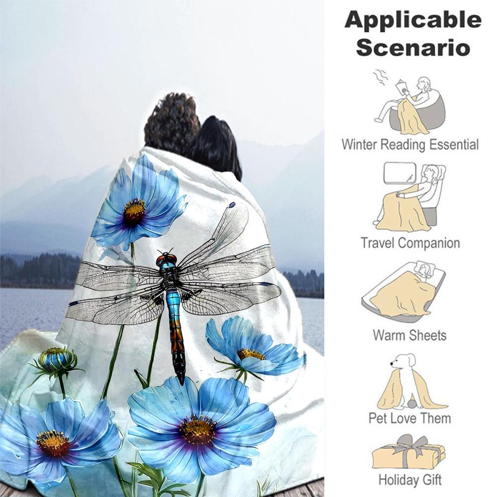 1PC Dragonfly FlowersOutdoor Flannel Blanket - Soft Plush Decor for Picnics, camping, Bedroom, Playroom, Office, or Lunch Break 1224A