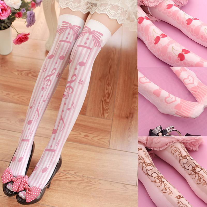 Calze rosa da principessa Lolita sopra il ginocchio con stampa fiocco d'amore calze da ragazza estive sottili per festa appuntamento cosplay