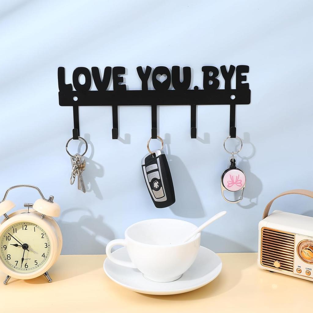 Key Holder Wall Mount, Large 'Love You.Bye' Entryway Organizer with 5 Hooks,Black Metal Key Hanger —No Drill Adhesive for Home Wall Decor