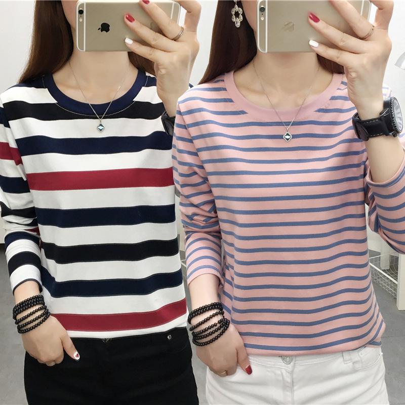 Women's Plus Size Striped Long Sleeve Cotton T-Shirt - Autumn Collection for Middle-Aged Moms