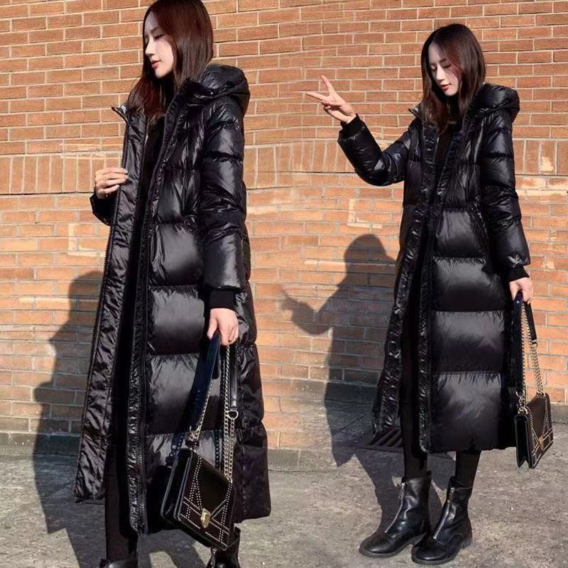 Autumn And Winter Bright Face Down Cotton Coat Over Knee Thickened Loose Cotton Coat For Women