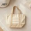 Tote Bag Striped Canvas Bag, Stylish Reusable Grocery with Reinforced Shoulder Strap Front Pocket, for Shopping Picnic Commuting Durable