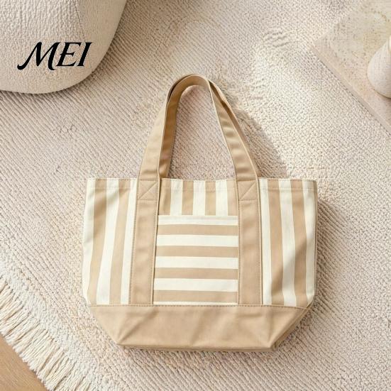 Tote Bag Striped Canvas Bag, Stylish Reusable Grocery with Reinforced Shoulder Strap Front Pocket, for Shopping Picnic Commuting Durable