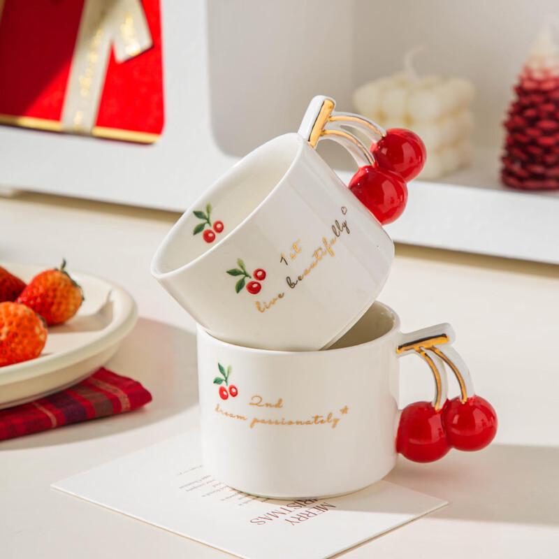Nordic Cherry Ceramic Mug with Gold Handle