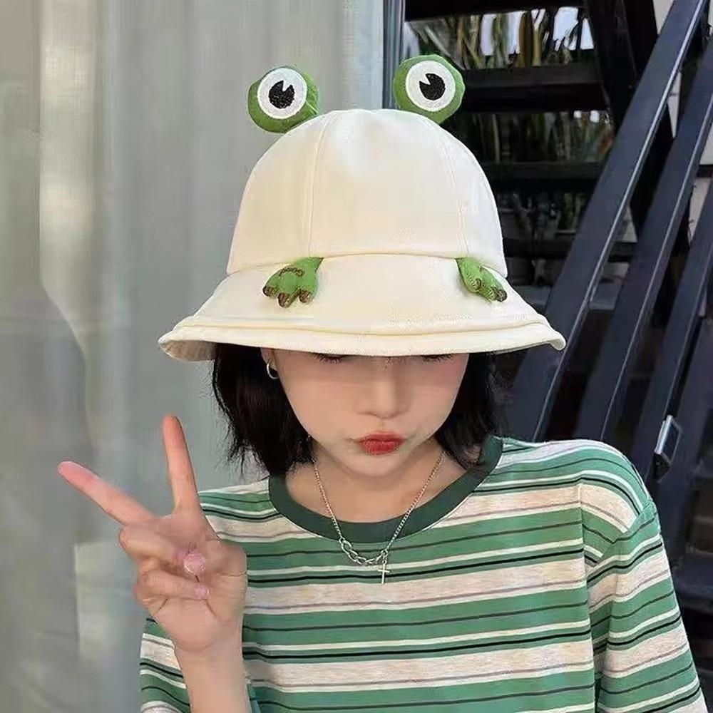 Cute Frog-Shaped Cartoon Frog Bucket Hat Foldable Big Eyes Pattern Panama Fishing Cap Cotton Funny Froggy Hat