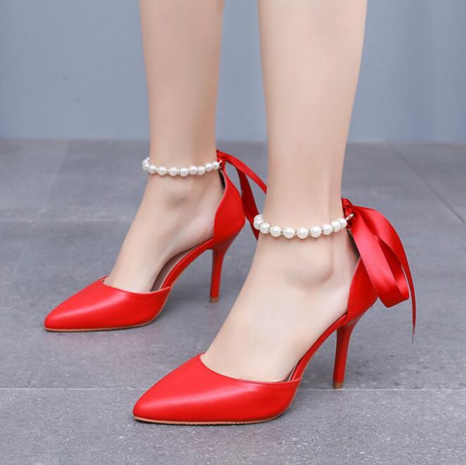 Wedding Heels Women Luxury Brand Design String Bead High Heels Sandals Ladies Sexy Elegant Pointed Toe White Pumps Plus Size 43