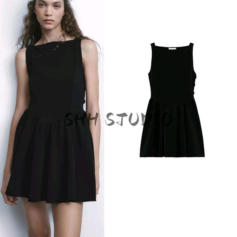 Spring New Women clothes Pure Desire Wind Pleated Skating Model Boat Neck Slim fit Sleeveless Short Dress 5584320