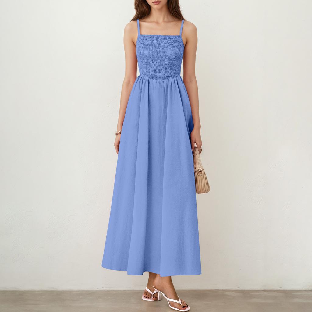 Damen Casual Mode Vintage Trägerkleid Elegantes Urlaubskleid