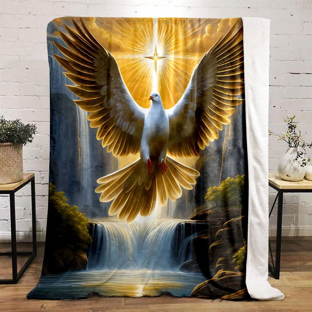 A Radiant Dove with Spread Wings Illuminated by Golden Light Over Waterfalls. for All Seasons Blanket Lunch Break Throw Gift