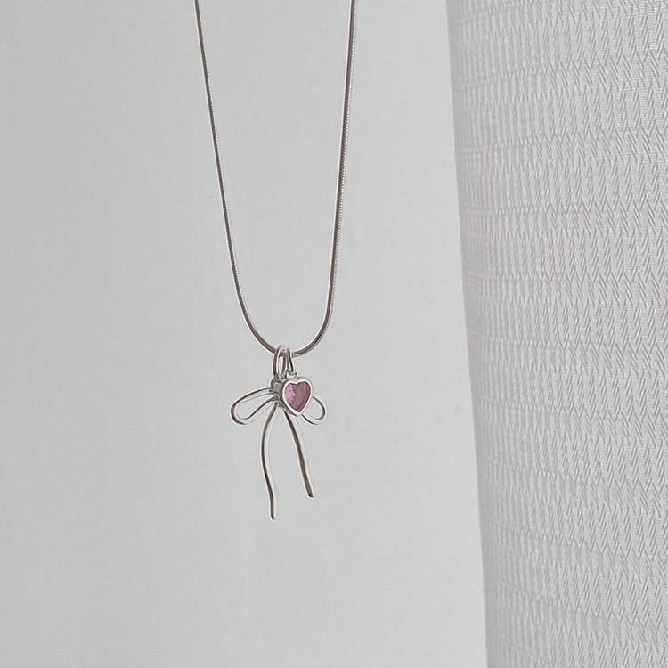 Pink Heart Bow Pendant Necklace - Trendy, Versatile Clavicle Chain for Women
