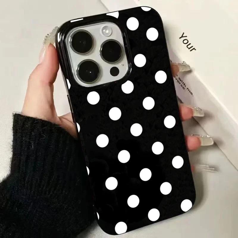 INS Polka Dots Printed Black Phone Case For iPhone 16 15 14 13 12 11 Pro Max XR XS Max 7 8 Plus MINI Creative Black Cover