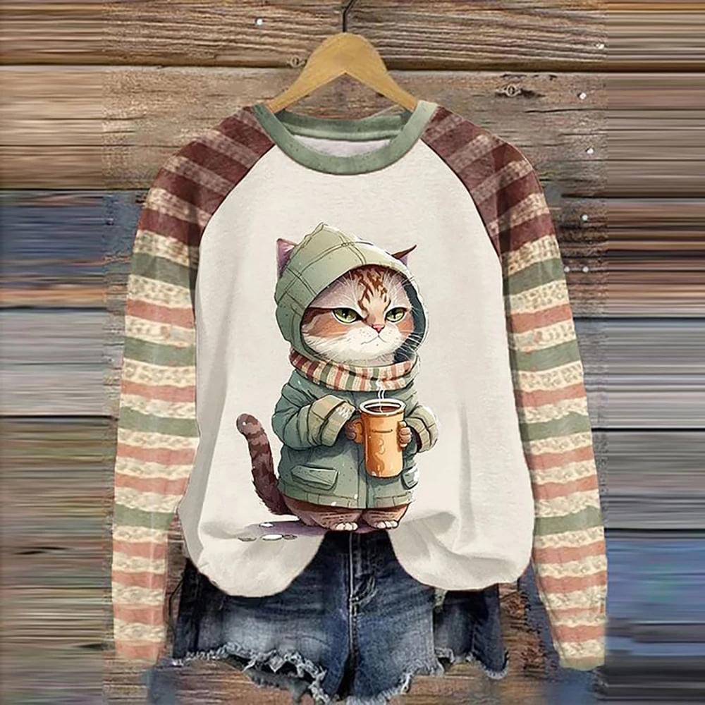 2025 European and American Cat Women's Christmas Themed 3d Printed Loose Knit Long Sleeved Fashionable High-End T-Shirt Top