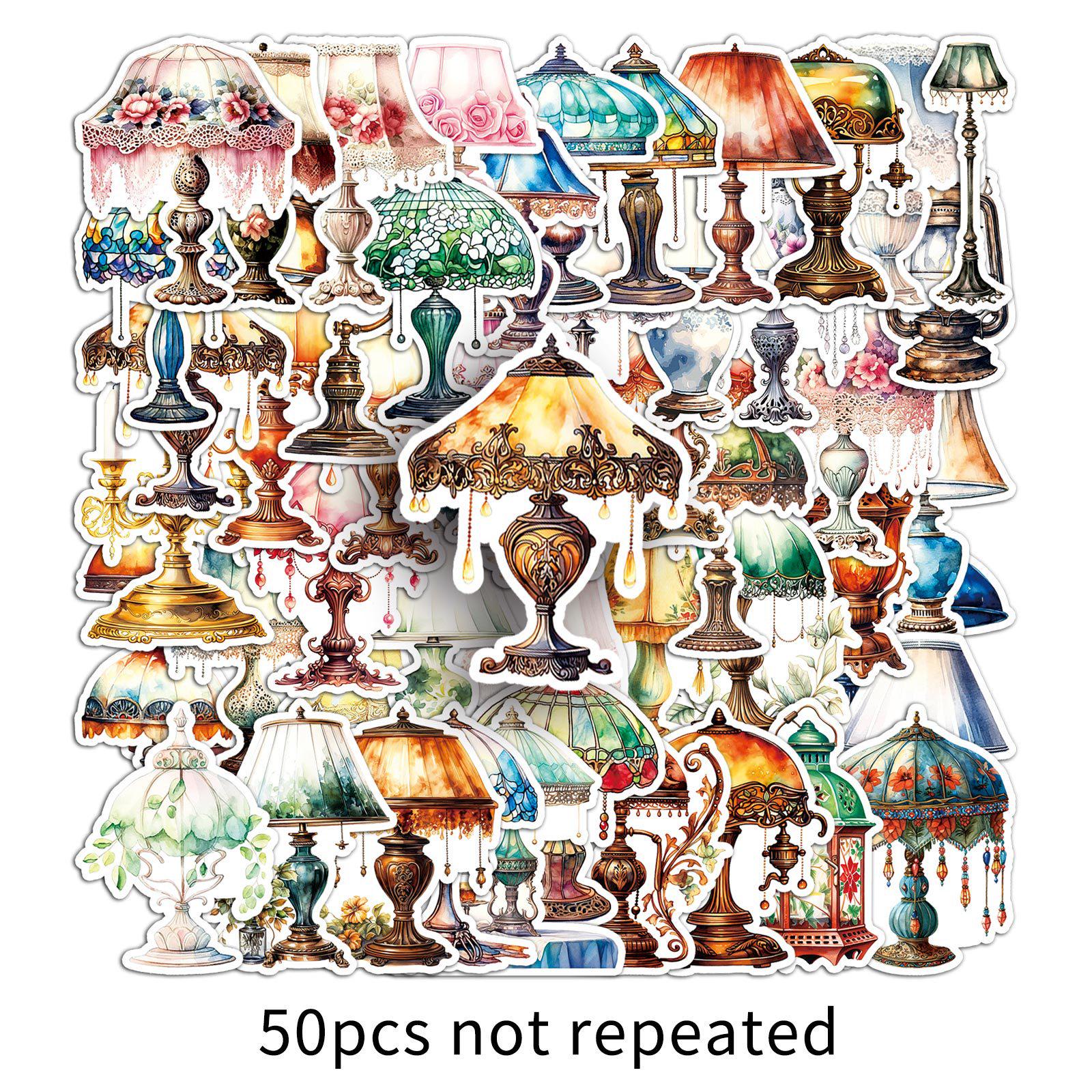 50pcs Retro Desk Lamp & Cartoon Style Stickers for Journals and Decor
