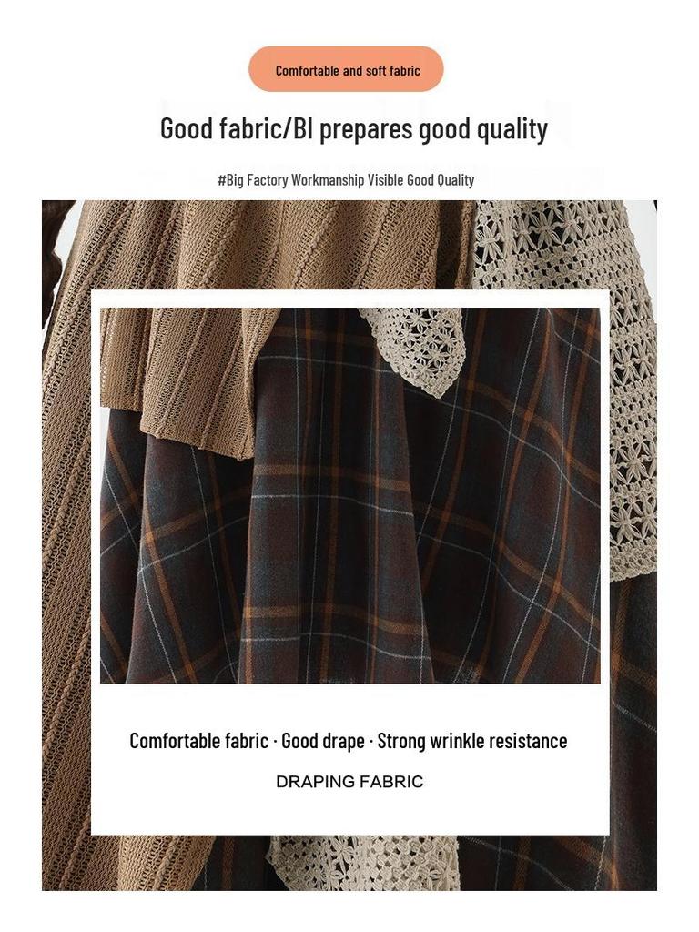Women's High-Waisted Retro Plaid Lace Patchwork A-Line Skirt with Irregular Hem