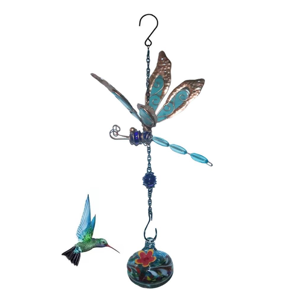 Outdoor Garden Hanging Dragon Fly Shape Single Painted Glass Ball Bird Feeder