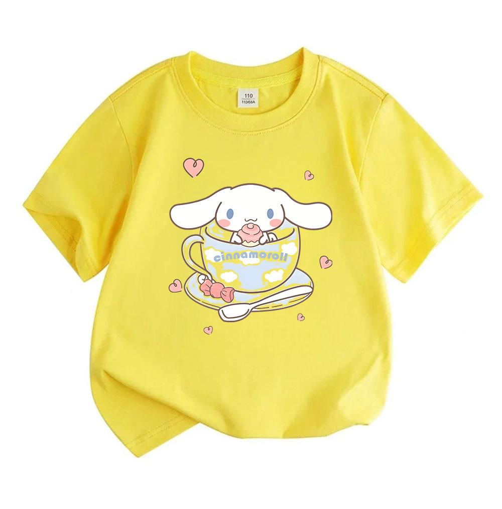 Cute Cartoon Big Ear Puppy Print Kids Boys Girls 100% Cotton T-Shirt Casual Crew Neck Short Sleeves Soft Breathable Summer Tees Adorable Heart Cup Pat