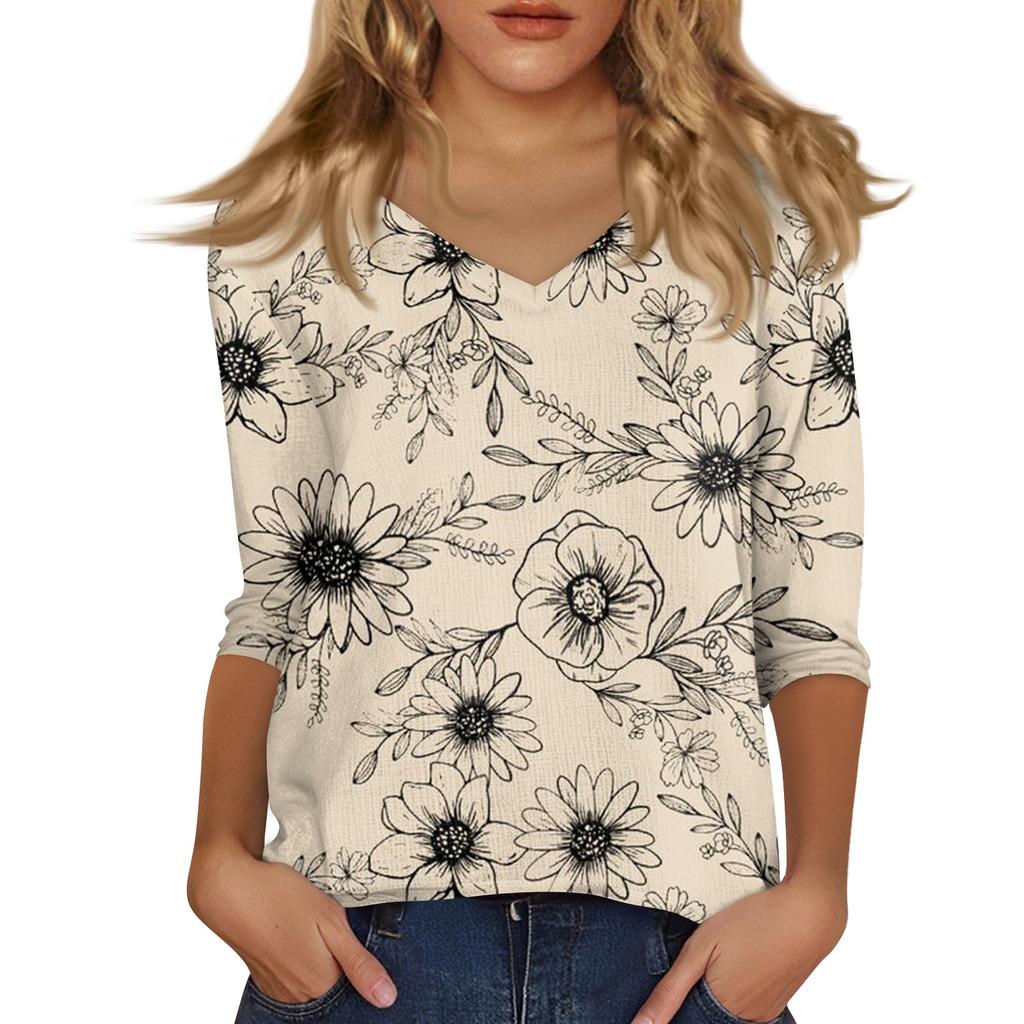 3/4 Length Sleeve Womens Tops Summer Trendy  V-Neck Blouses Dressy Casual  T-Shirt Summer Outfits Beach Vacation