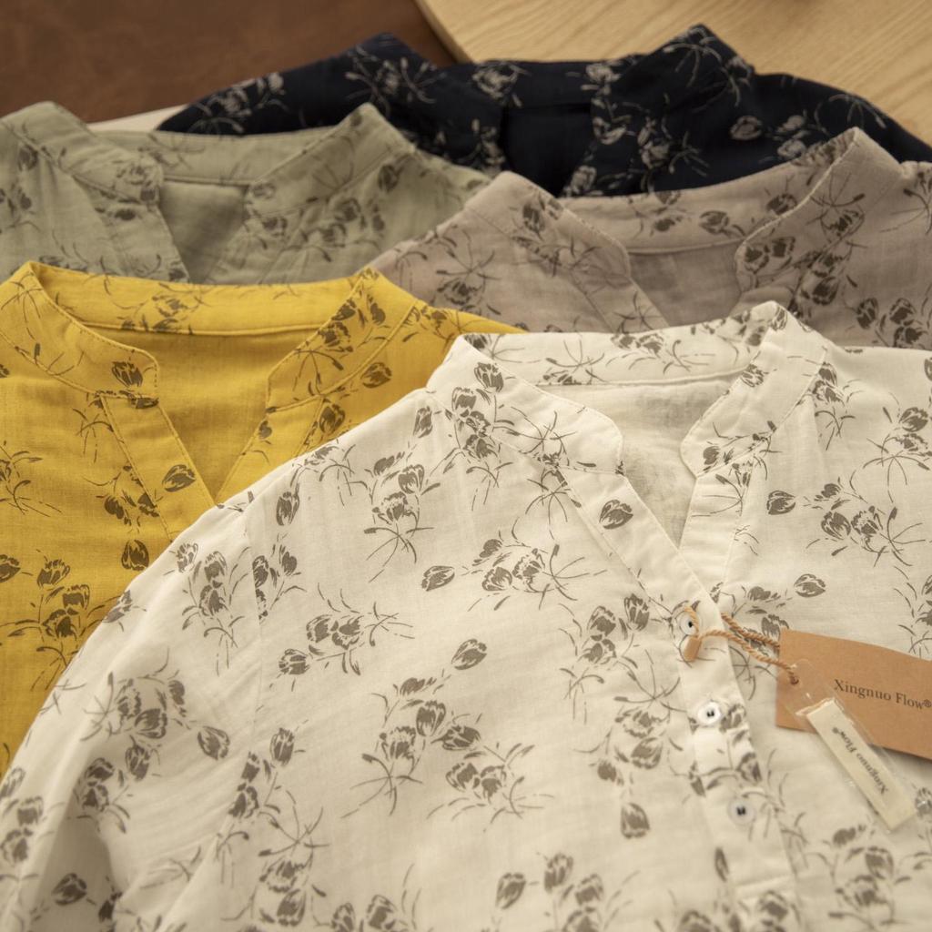 Chemise en Coton et Lin à Manches Longues et Décolleté en V Florale Gorge d'Hiver – Style Printanier Élégant pour Femme