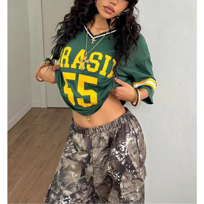 Brasil 55 Print T-Shirt American Football Uniform V-Neck Loose Breathable Short Sleeved Fashion Streetwear Tops Family Matching S