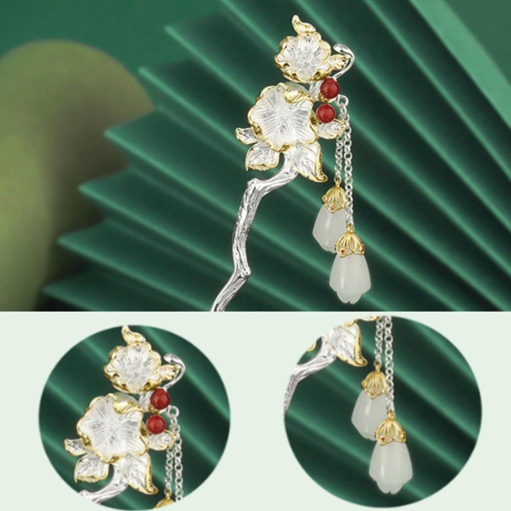 [Miaomyao] Kanzashi (hair ornament), single piece, for Japanese clothing, yukata, kimono, pearl, jade, golden branch and leaf design, silver hair