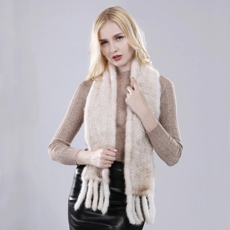 Women Hand Knitted Real Mink Fur Scarf Natural Warm Mink Fur Muffler Russia Lady Quality Tassel Genuine Mink Fur Scarves