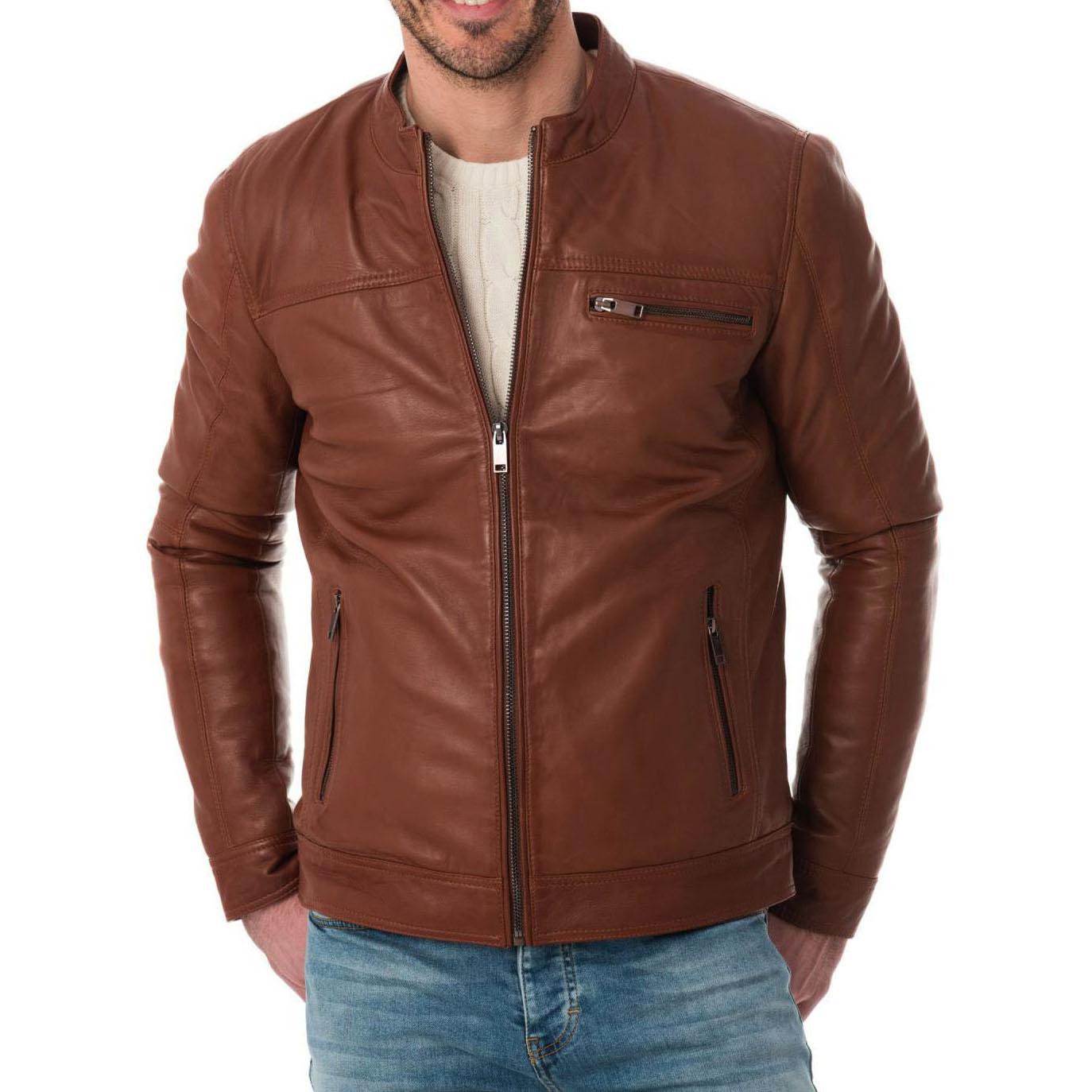 

SkinOutfit Men s Genuine Lambskin Brown Leather Jacket Stylish Motorcycle Bomber Biker Outerwear MJ 228 L коричневий