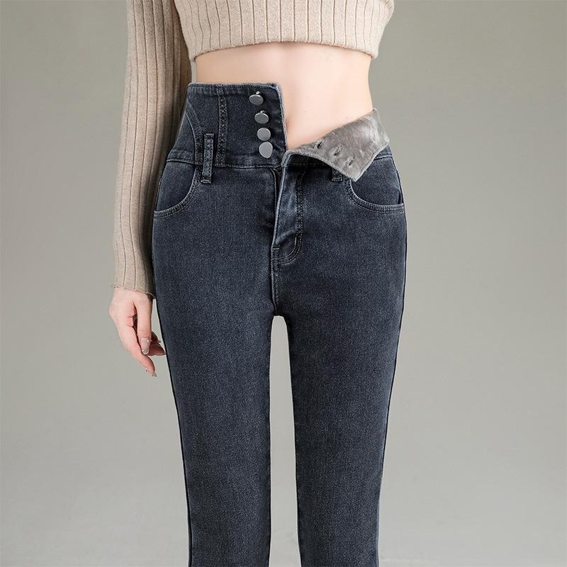 New autumn and winter women's clothing velvet jeans, thin high-waisted breasted leggings, versatile women's pants