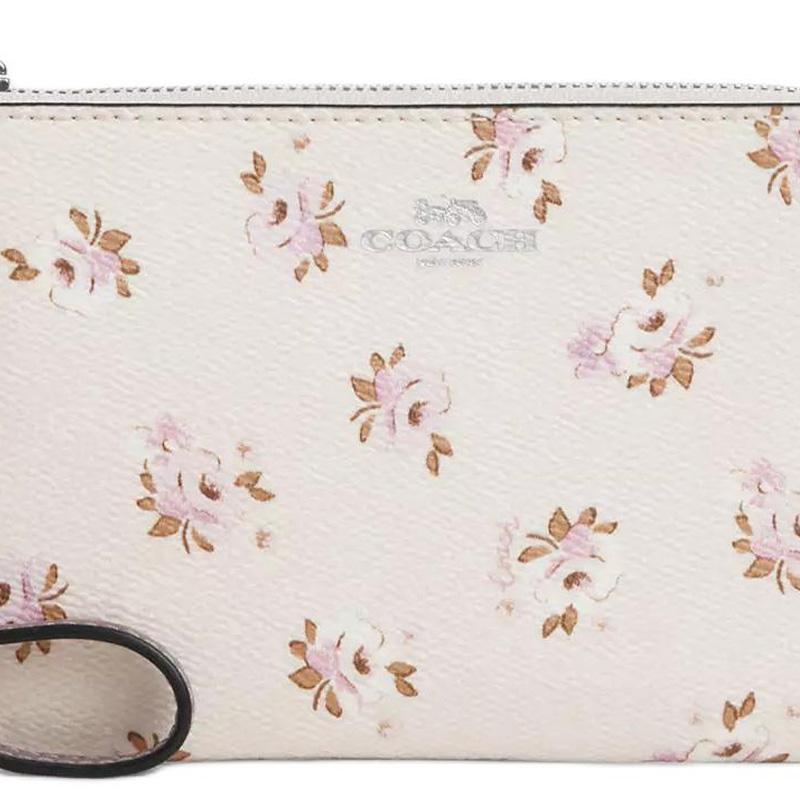 Coach Corner Zip 16 Silver Metal Logo Floral Print Coated Canvas Clutch Small Women Clutch Multicolor Chalk CAL72-SVCAH