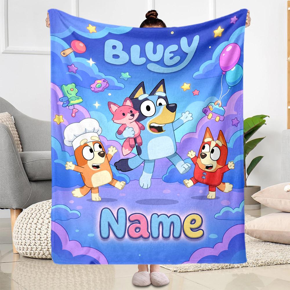 Bluey's Colorful Adventure Personalized Name Blanket Cozy Personalized Blanket Soft & Cozy Versatile for Nap Couch Picnics Chair