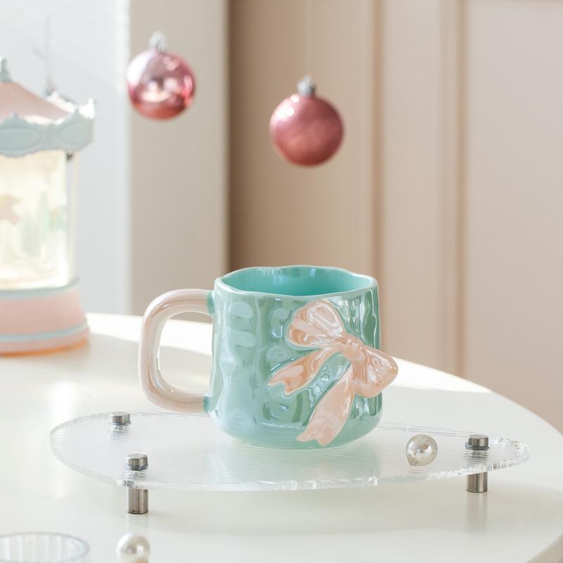 Pearlescent Glaze Bow Mug Nordic High Appearance Level Electroplated Ceramic  High End Feel  A Birthday Gift for A Girl's Best Friend