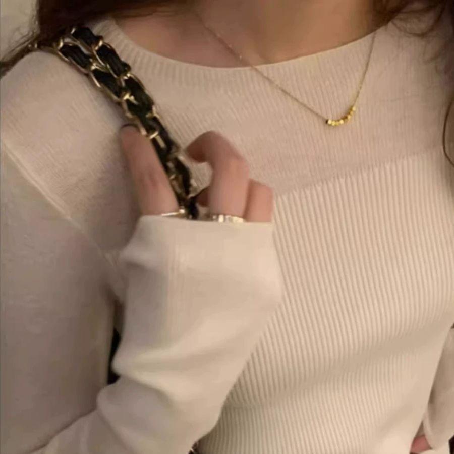 

Полупрозрачный шерстяной свитер с круглым вырезом в корейском стиле - Осенне-зимний шик, облегающий топ One Size белый