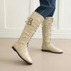 Western cowboy boots European and American belt buckle low heel flat bottom strap high boots fashion boots