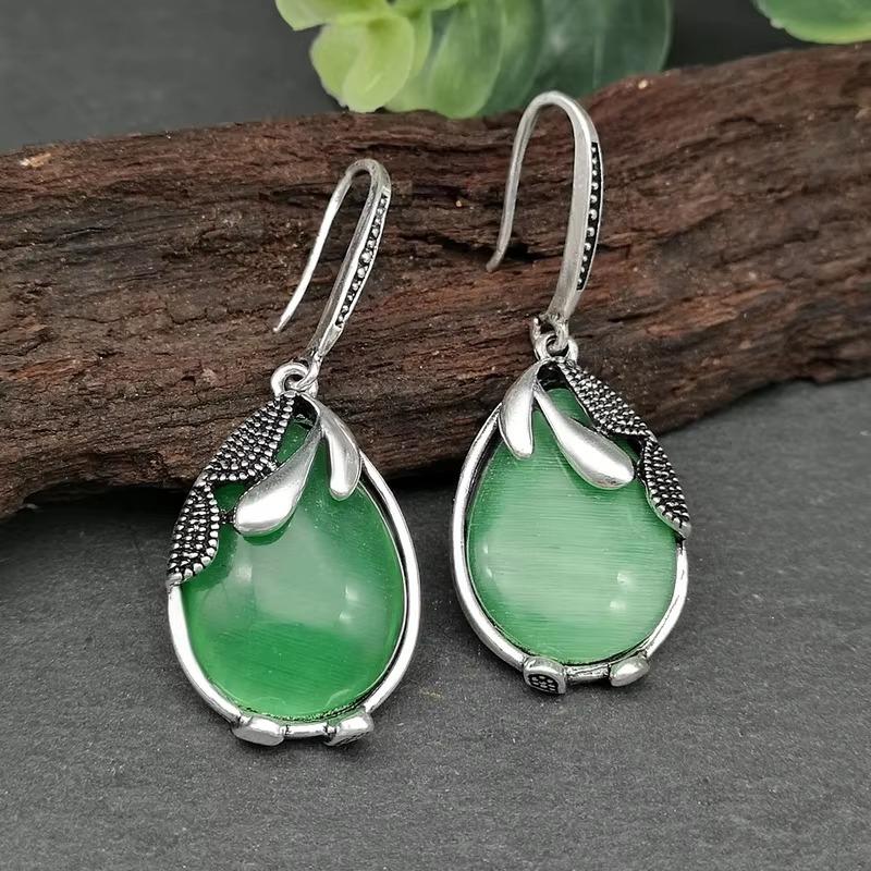 Orecchini Huajie Eleganti Pietra Verde Gocce d'Acqua per Donna Bordatura Antica in Argento Accessori per Orecchie da Banchetto Tendenza