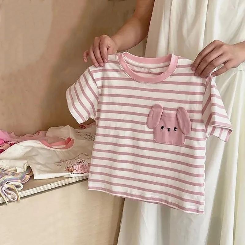 

Korean Summer Kid Girls Boys Pink T-shirt Stripe Cartoon Sleeve Baby Girl Tee Round Collar Stripe Little Girls Thin Top 140 розовый