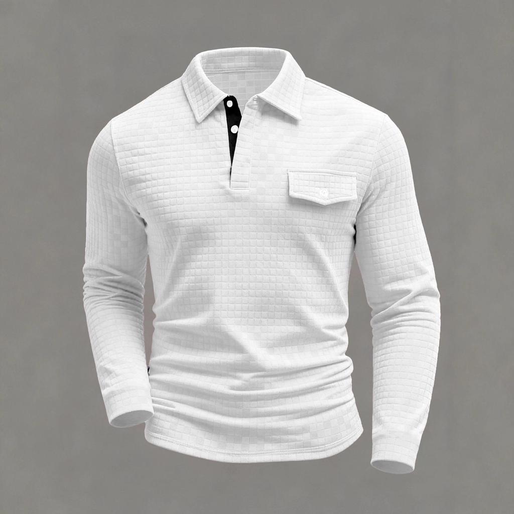 Spring Men's Long Sleeve Plaid Polo Shirt Button Pocket Sports Polo Shirt