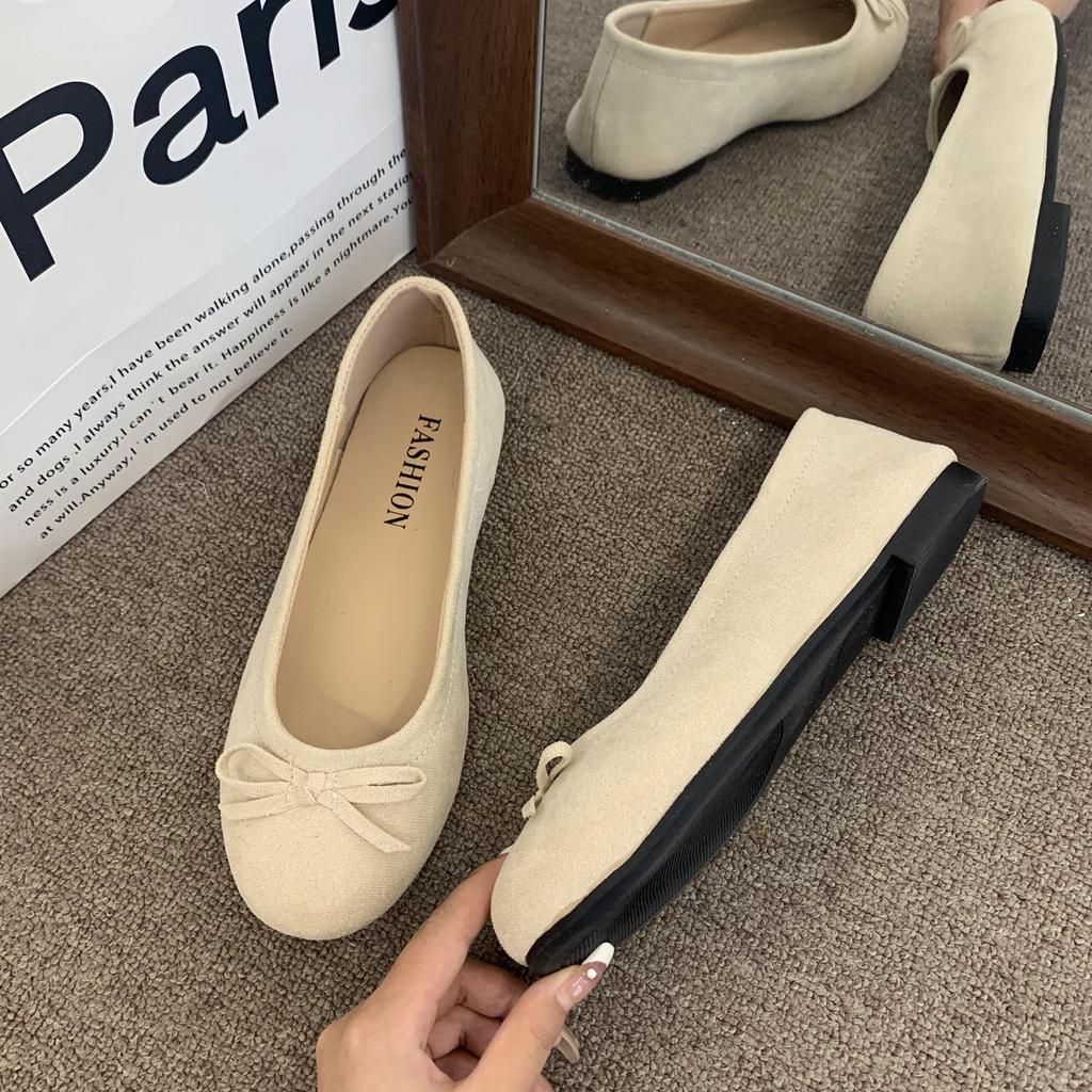 2025 Autumn New Retro Gentle Soft-soled Ballet Shoes Shallow Mouth Flat-soled Bow Matte Velvet Round Head Single Shoes Women