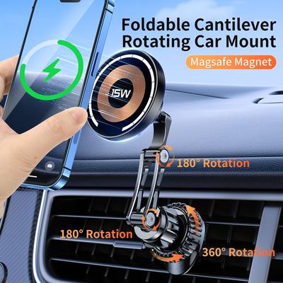 15W Magnetic Car Air Vent Wireless Charger 360 Rotation Adjustable 2in1 Foldable Stand For Iphone 15 14 13 12 11 Pro Max Samsung