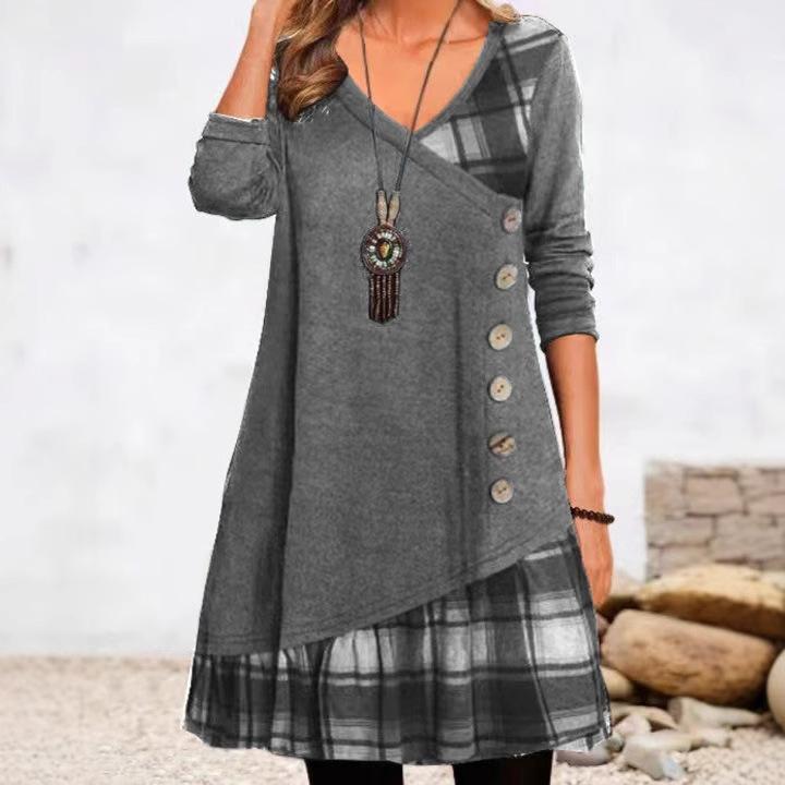 Women's Long Sleeve Button Check Patchwork Dress Ladies V Neck A-Line Casual Night Gown Plus Size Clothing 2026