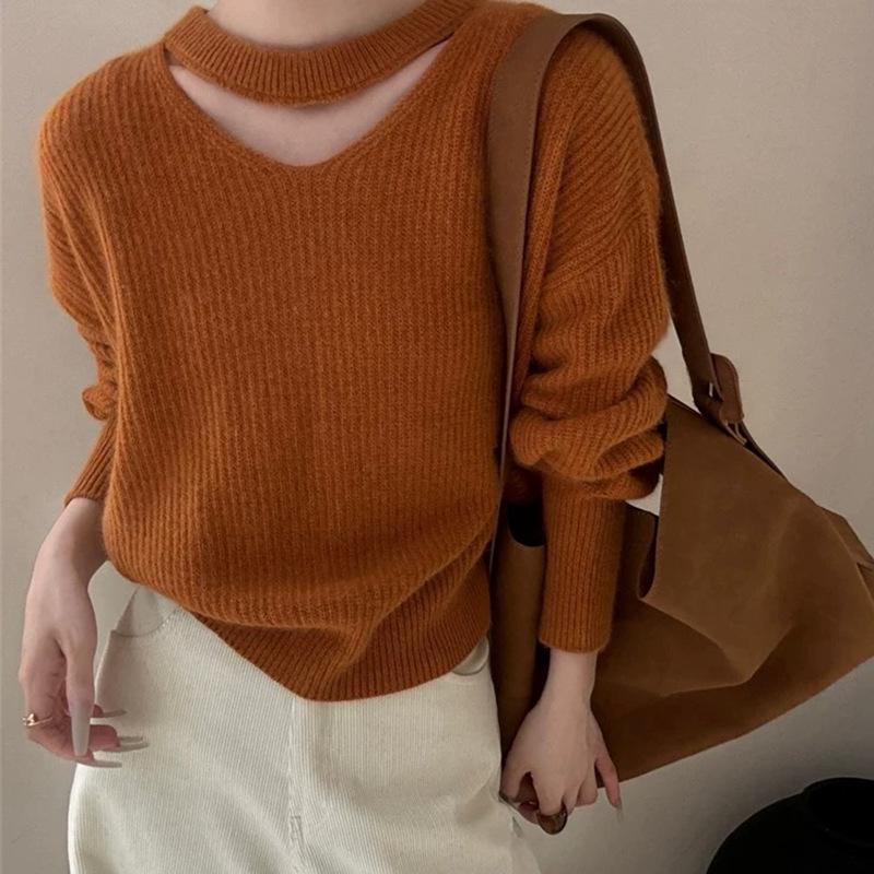 Women's V-Neck Halter Neck Pure Wool Sweater - Elegant Autumn/Winter Loose Knit Pullover